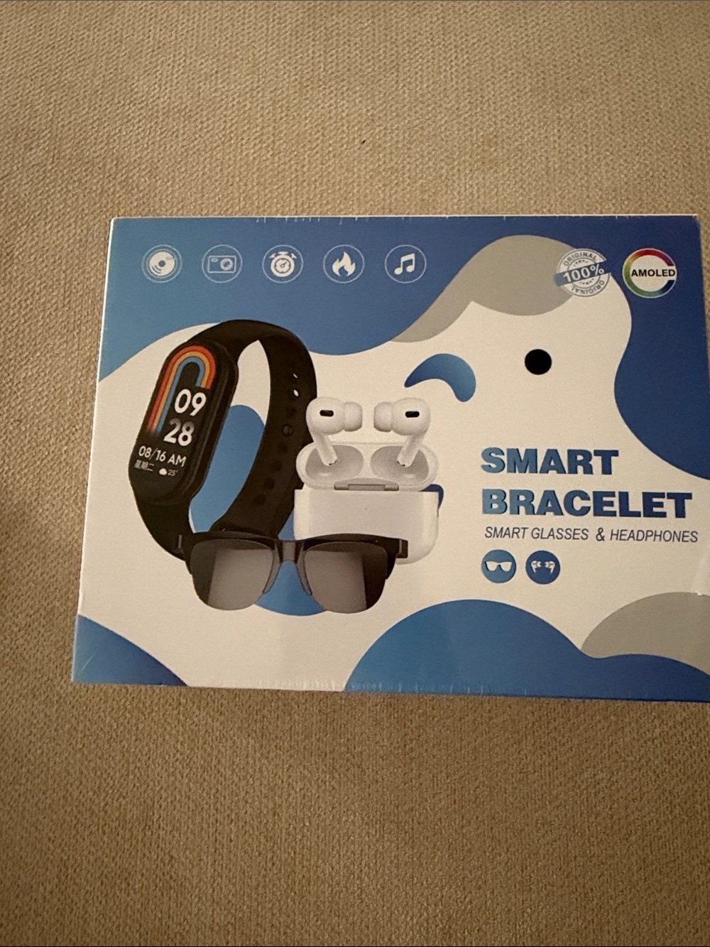 Smart Bracelet Wearable Set with Black Fitness Band and White Earbuds